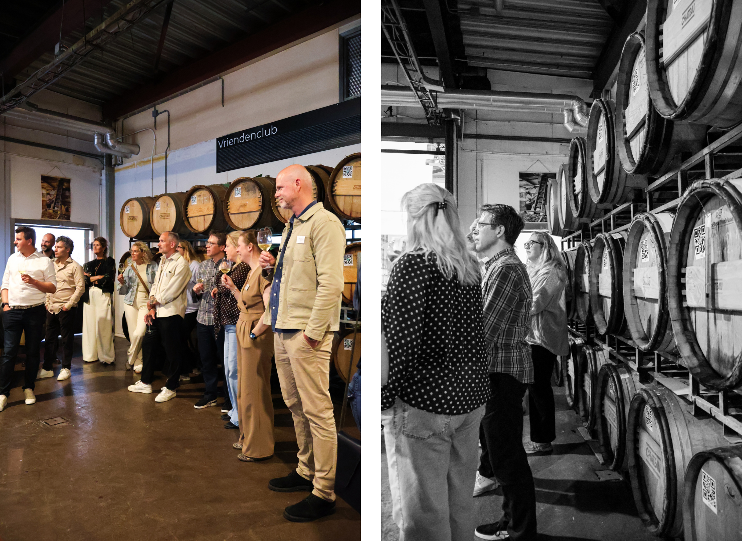 Group of people at a winery event, standing near oak barrels, holding wine glasses; second photo shows guests viewing stacked barrels in black and white.