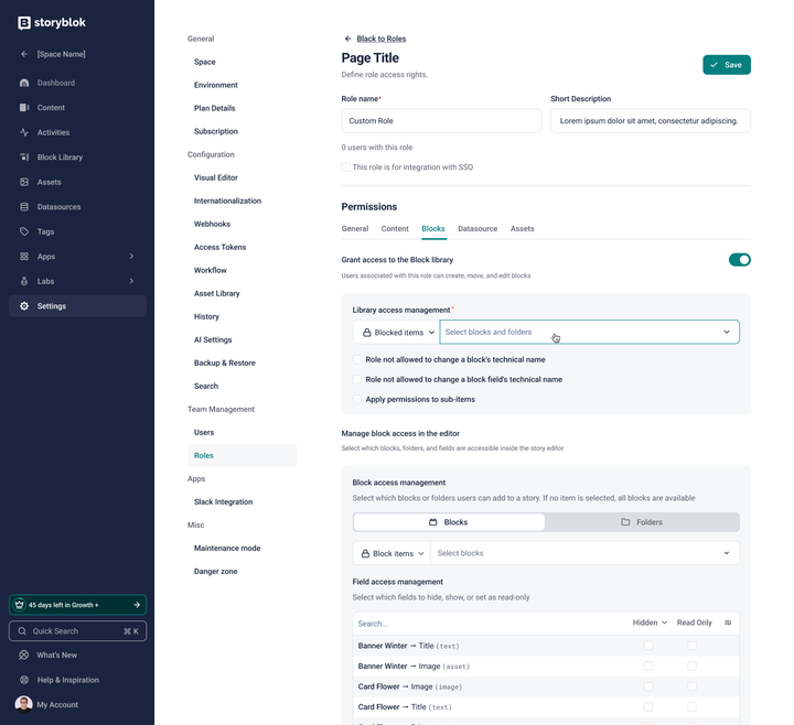 Storyblok custom role permissions settings page showing blocks access options with checkboxes for allowing or denying actions.