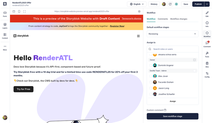 Screenshot of a website editor showing a draft page for Storyblok with a promotional banner. On the right, there is a workflow options sidebar, where users can assign actions to a user or role.
