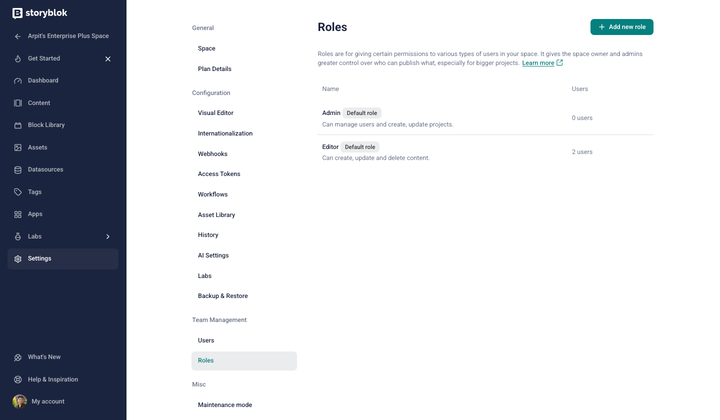 Dashboard interface showing user roles in Storyblok, with options for admin and editor roles.