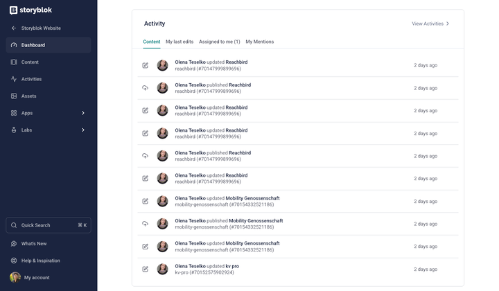 Screenshot of a Storyblok dashboard showing recent activity, including content edits and updates by a user over the past two days.