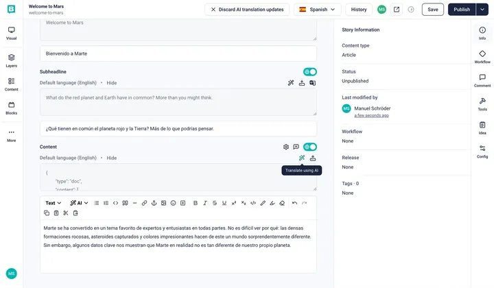 Storyblok's editor interface with the Translate using AI option of the content field set to an active state.