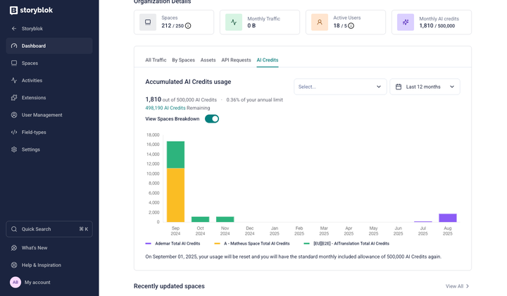 Dashboard displaying AI credit usage with a bar graph, menu on the left, and organization details at the top.