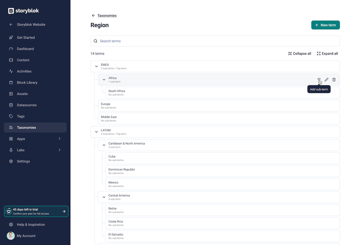 Storyblok's taxonomies manager displaying multilevel hierarchy of categories and terms