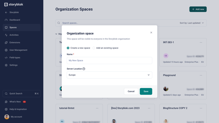 The Storyblok interface shows a pop-up for creating an organization space with fields for name and server location set to Europe.