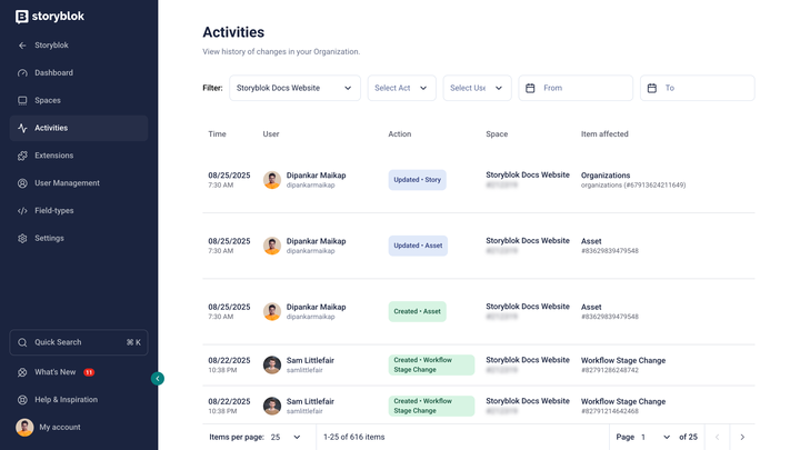 Dashboard displaying activity logs, showing filters, user actions, dates, and affected items.