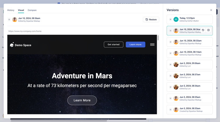 A sidebar listing visual version history with a Restore button.