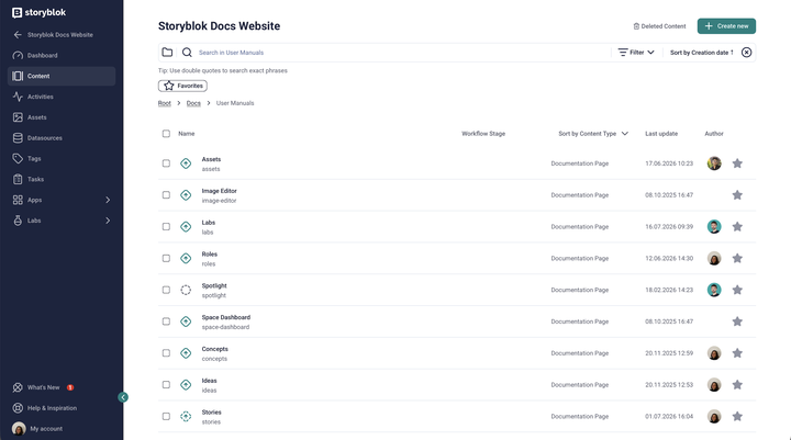 Storyblok content section showing a list of stories with their matching publication status icons.