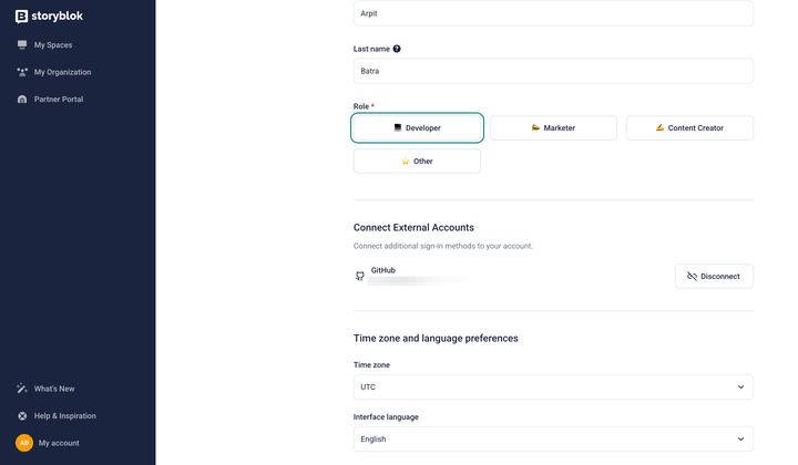 The Storyblok dashboard shows user settings for external account connection with a Disconnect from GitHub button.
