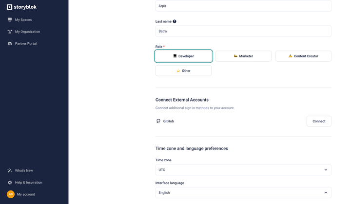 The Storyblok dashboard shows user settings for external account connection with a Connect to GitHub button.