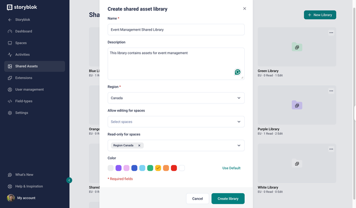 Storyblok interface showing "Create shared asset library" form with options for name, region, and editing settings.