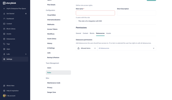 Storyblok interface showing settings for defining site access rights with options for roles, permissions, and data sources.