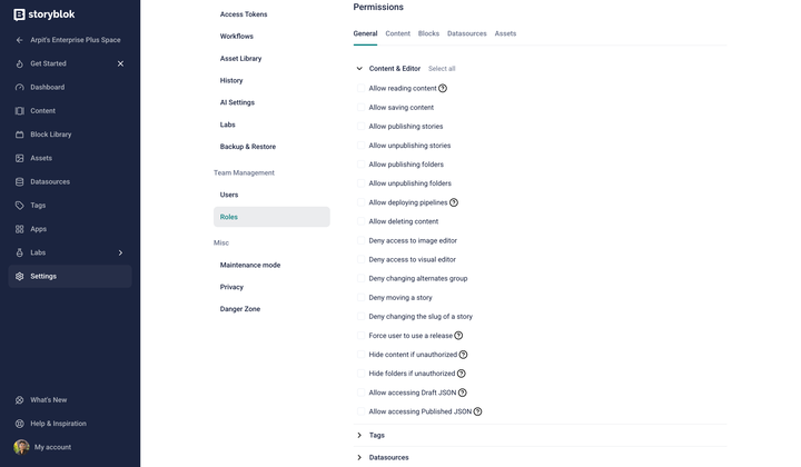 Storyblok permissions settings page showing various content access options with checkboxes for allowing or denying actions.