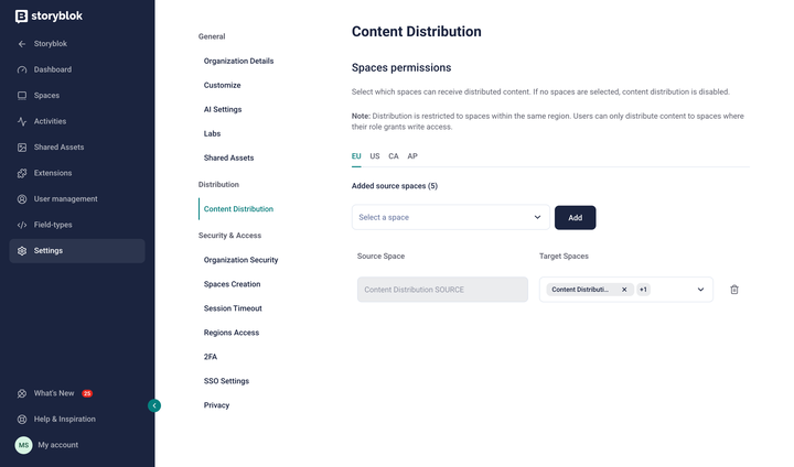 Storyblok's content distribution settings screen, where users can configure source and target spaces