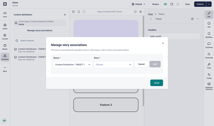 Manage story associations dialog with options to select space and story
