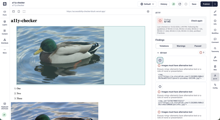 The Accessibility checker in the Visual Editor presents findings, including alt text violations. The relevant image block is highlighted in the preview pane.