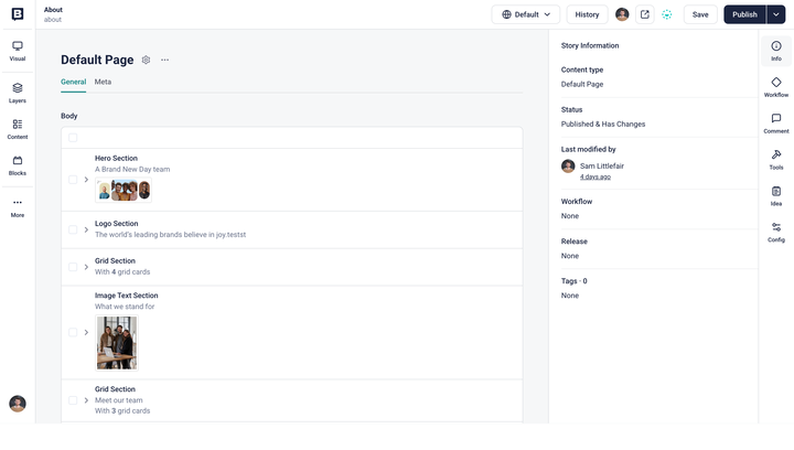 The form view of a story shows various page sections for hero, logo, grid, and image text.