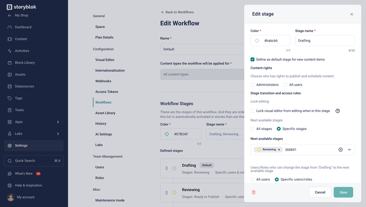 The Edit Workflow settings page has options for editing workflow stages, access, and content rights.