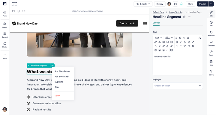 Edit a block named Headline Segment inside Storyblok's Visual Editor. Selecting the block opens a pop-up menu with additional options, like duplicating, deleting, or copying the block.