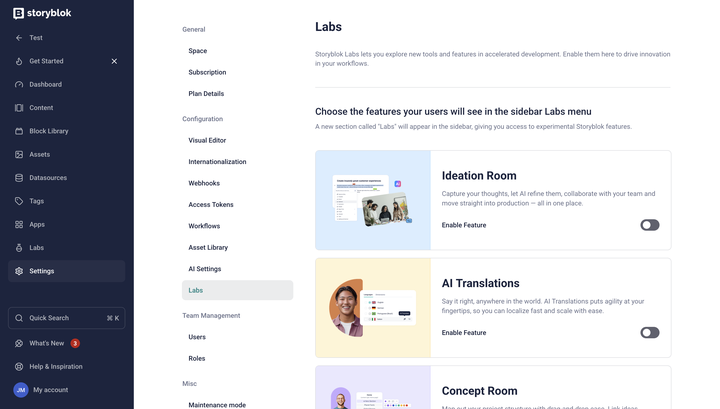 Screenshot of a Storyblok Labs settings page, displaying options to enable features like Ideation Room, AI Translations, and Concept Room.