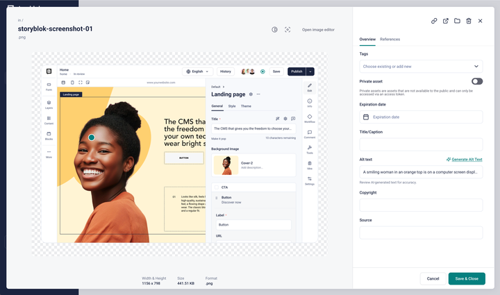 The asset overview window: Edit meta fields, access the Image Editor, and track where the asset is used