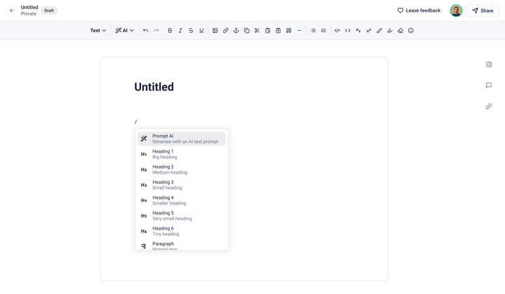A blank document with a dropdown menu showing text formatting commands, like headings, paragraph, and a prompt AI tool suggestion.