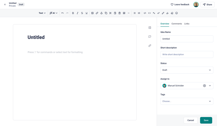 The sidebar options include fields for idea name, description, status, assignment, and tags.