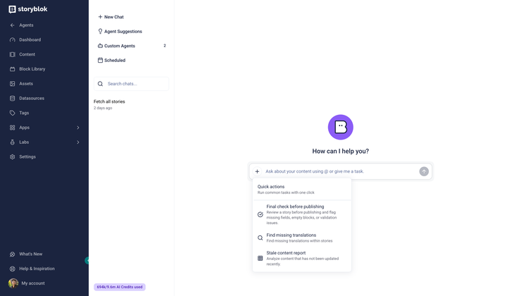 The chat composer plus menu showing the Final check before publishing, Find missing translations, and Stale content report Quick Actions.