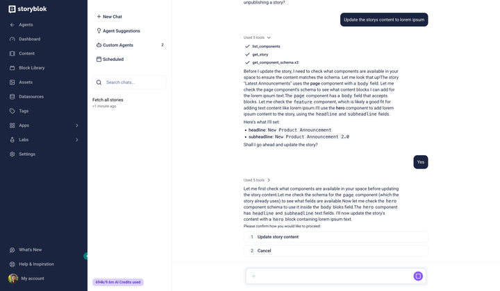 The Storyblok Agents chat shows an inline confirmation prompt with numbered Create story and Cancel buttons.