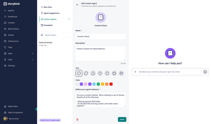 The Create Custom Agent form with fields for name, description, icon, color, and behavior instructions.
