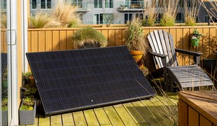 Plug in solar panel on display in a garden