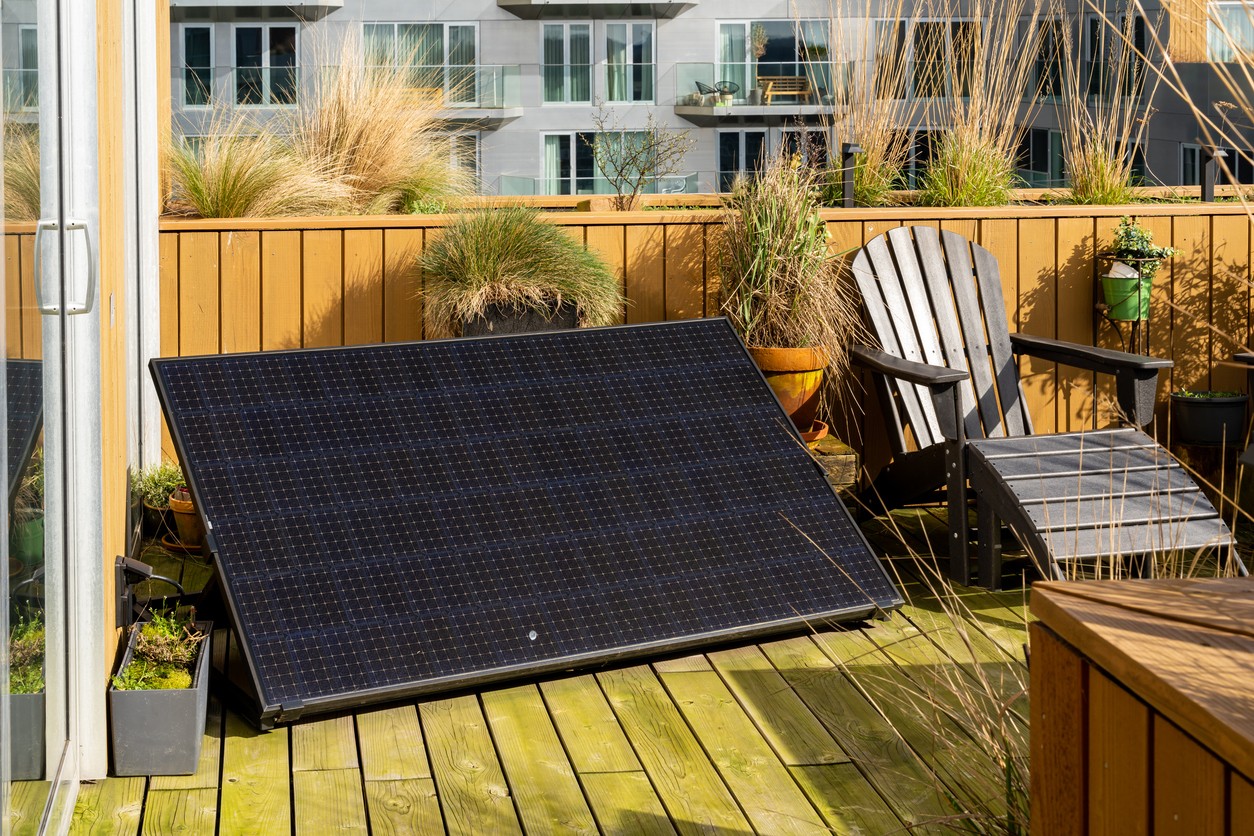 Plug in solar panel on display in a garden