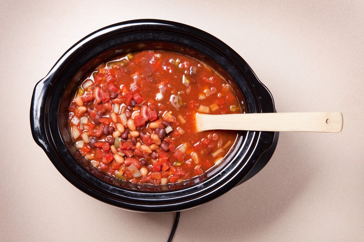 Batch cooked bean chilli in a slow cooker