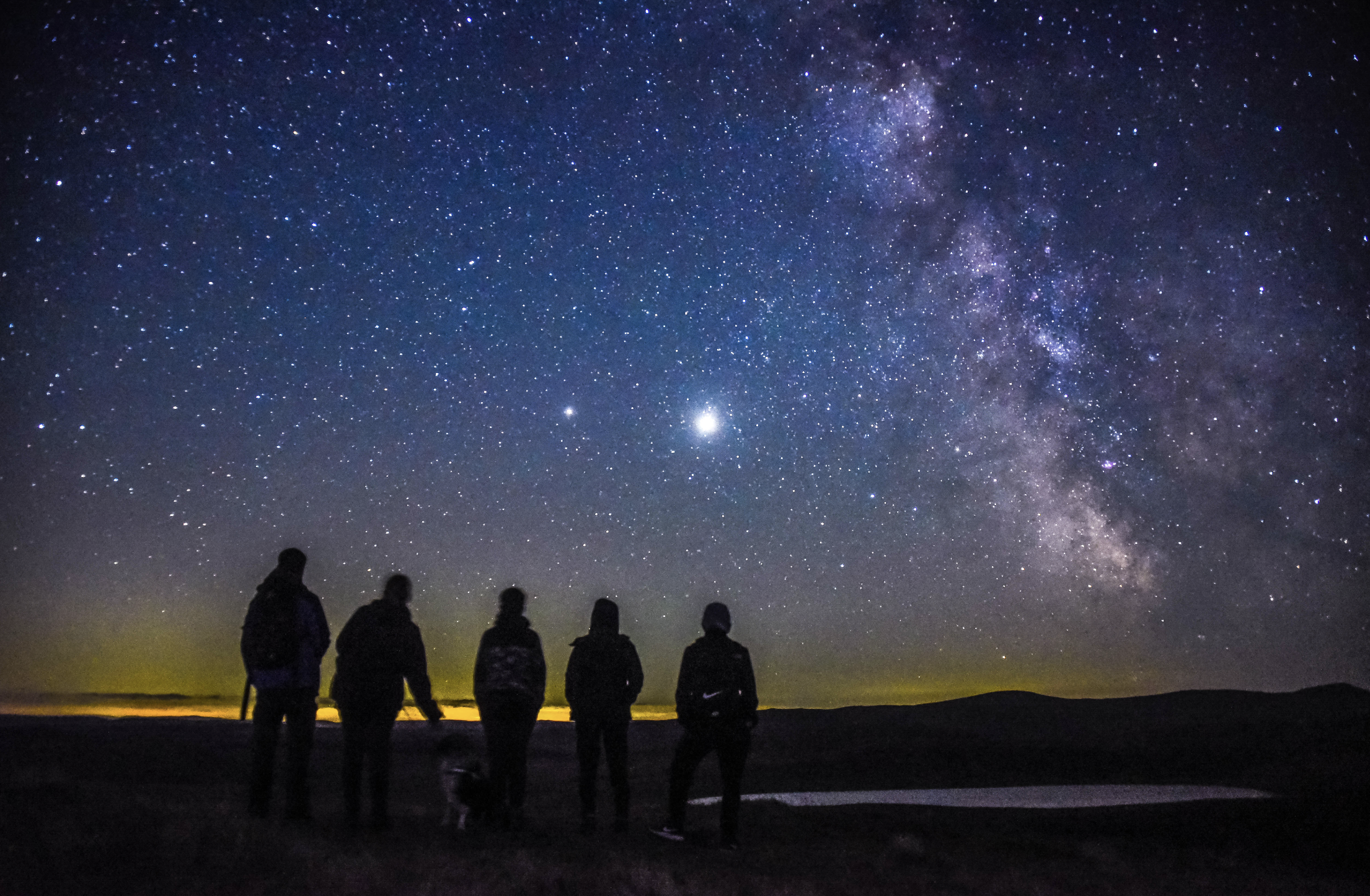 Five people looking up at the night sky which is full of stars