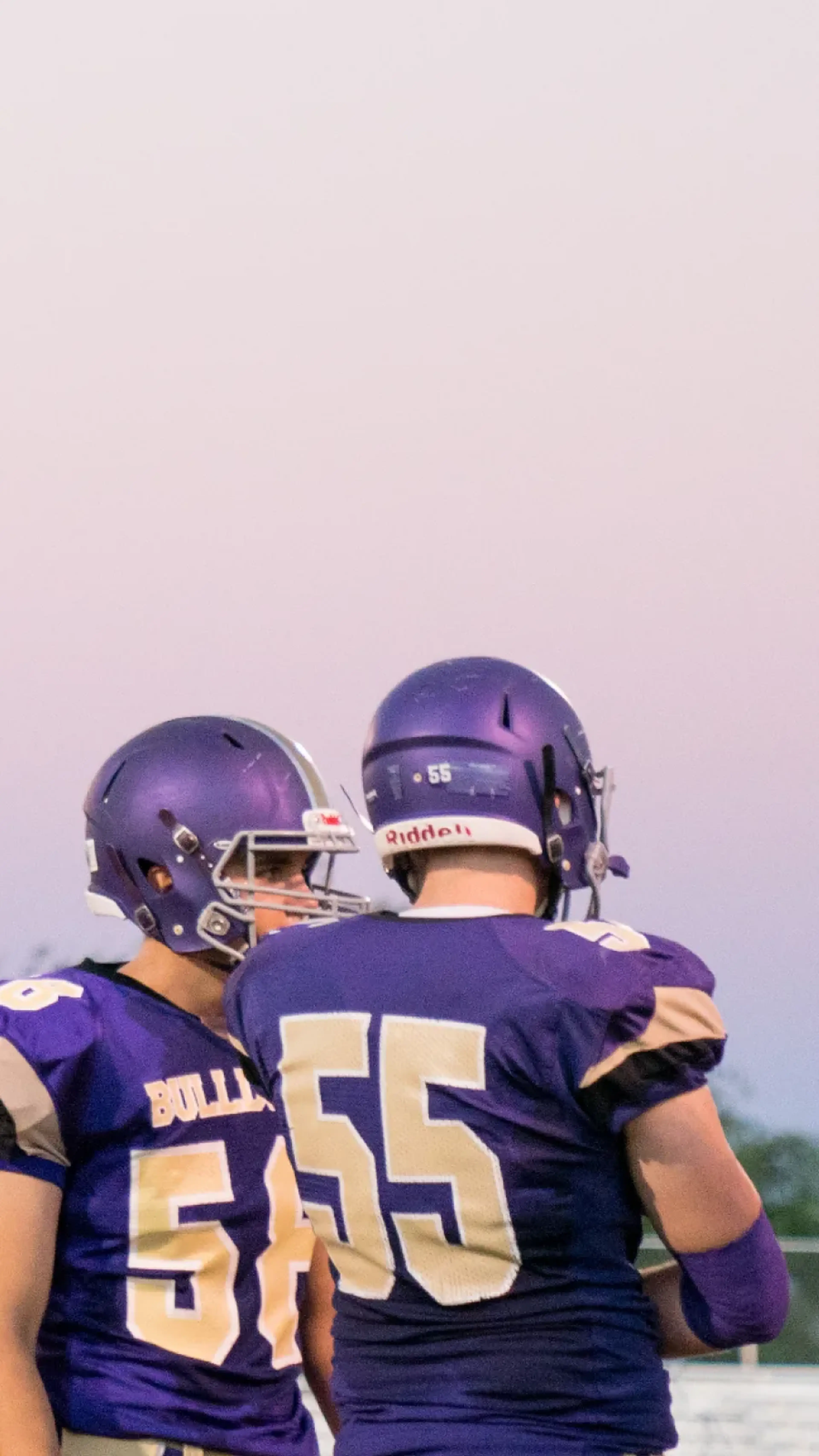Two football players in purple uniforms and helmets stand on the field.