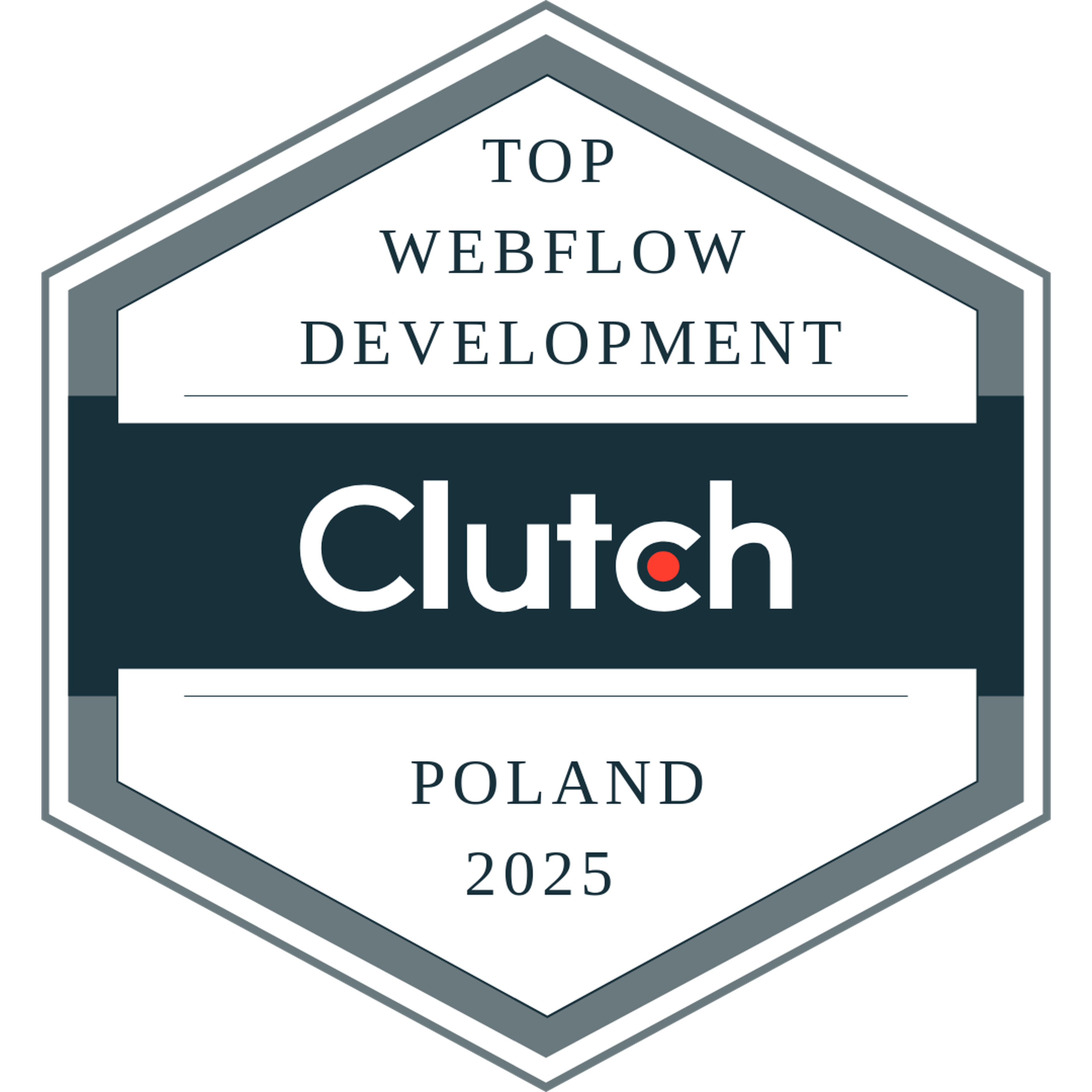 Hexagonal badge reading "Top Webflow Development, Clutch, Poland 2025" with a dark blue and white color scheme.