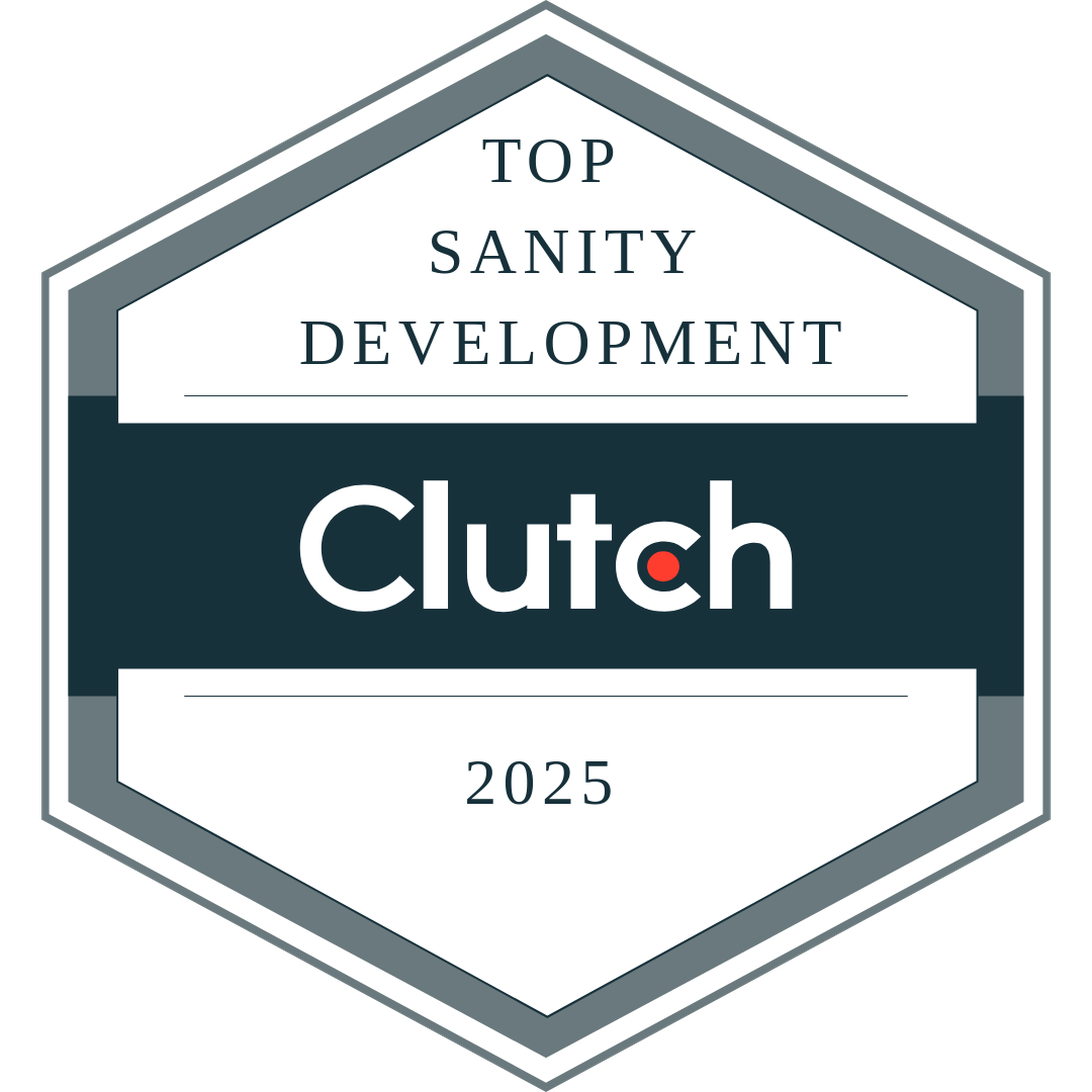 Hexagonal badge reading "Top Sanity Development, Clutch, 2025" with a blue and white design.