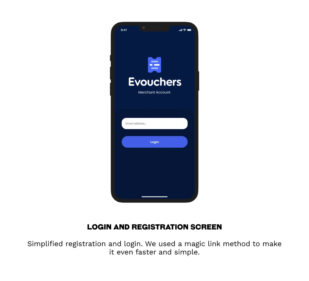 Login Screen of Evouchers, mobile app built with React Native 