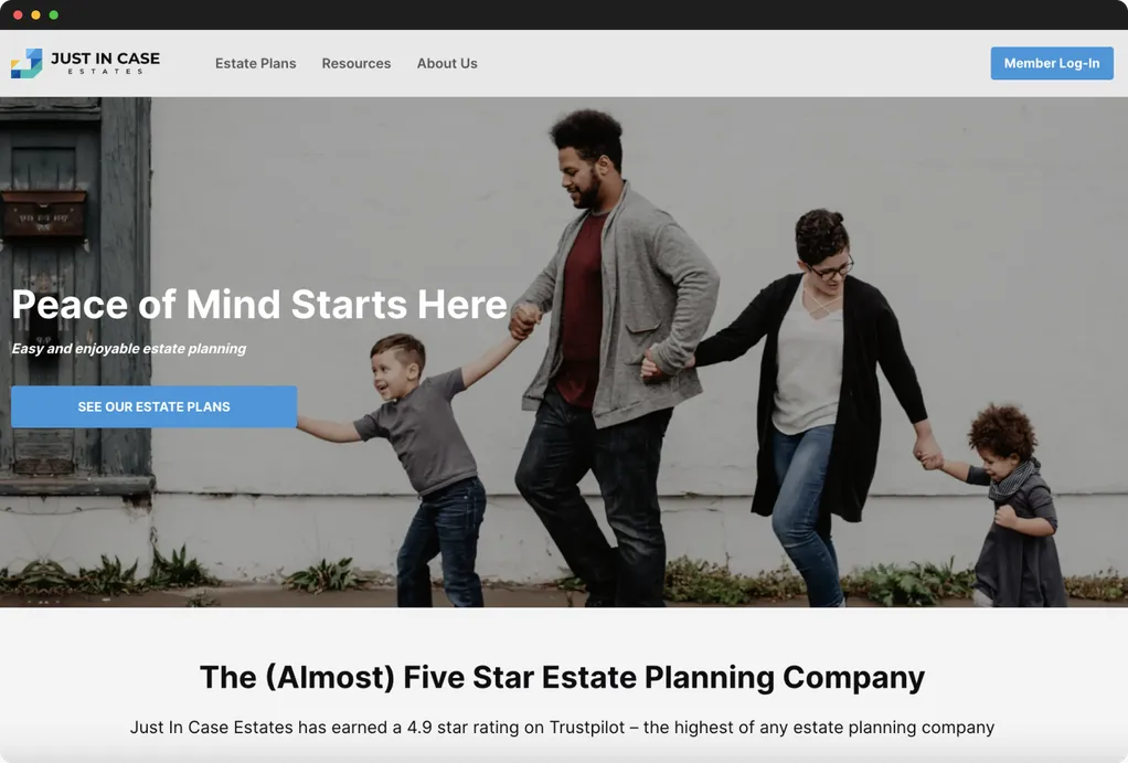 View on the homepage Just in Case Estates after the MVP development by Pagepro 