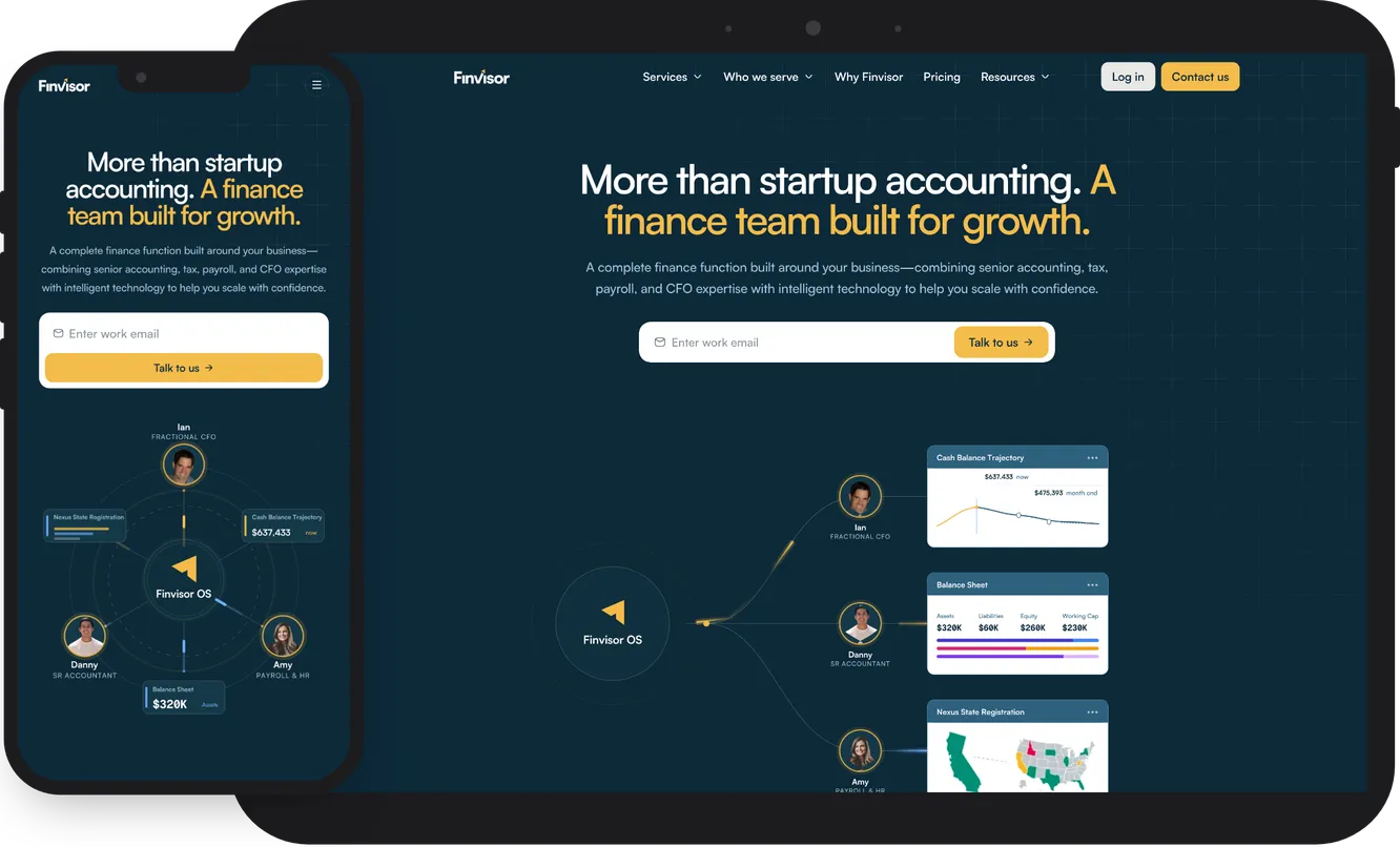 Website interface for Finvisor, featuring financial services for growth, with team roles like CFO, SR Accountant, and Payroll HR; contact form included.