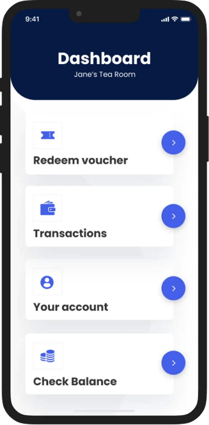 View on the dashboard of the mobile app Evouchers 