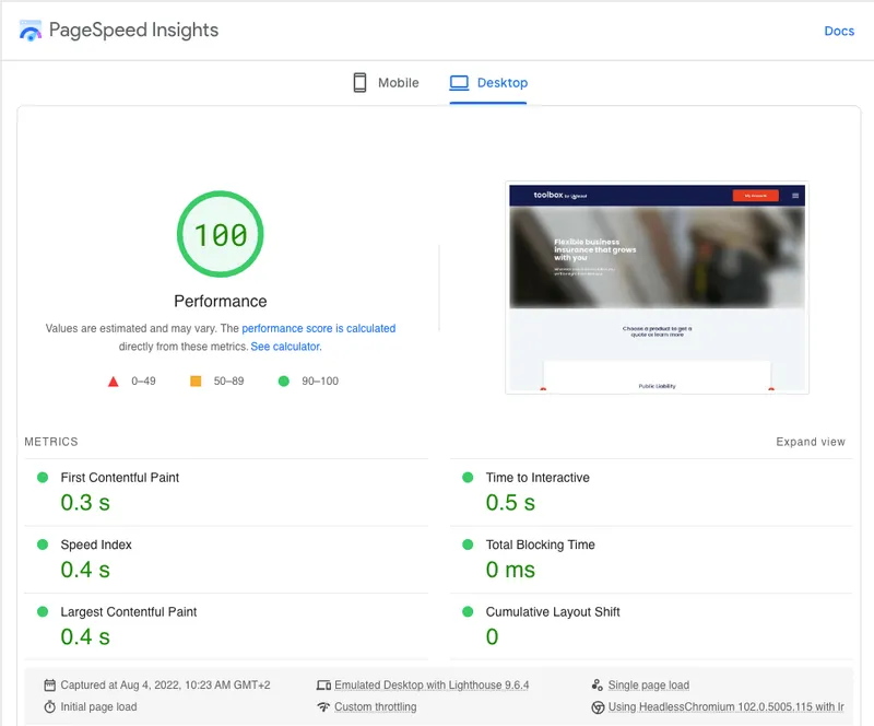 Desktop PageSpeed Insights for the new Toolbox Marketing Website built with Jamstack 