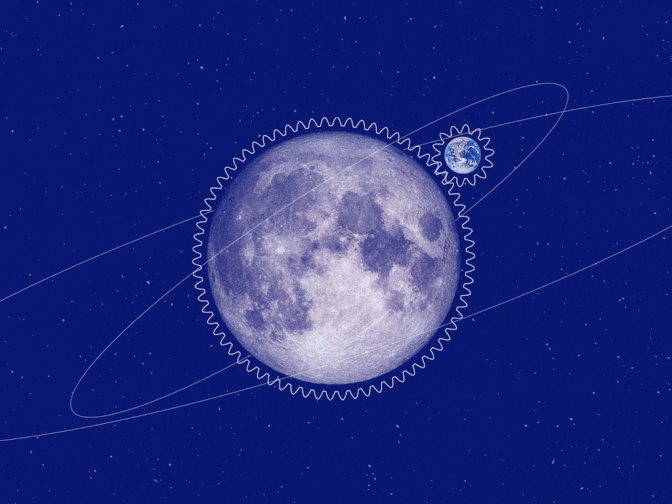 Eine Animation die durch Zahnräder statt der Atmosphäre den Zusammenhang zwischen Raumfahrt und Wirtschaft abbildet.