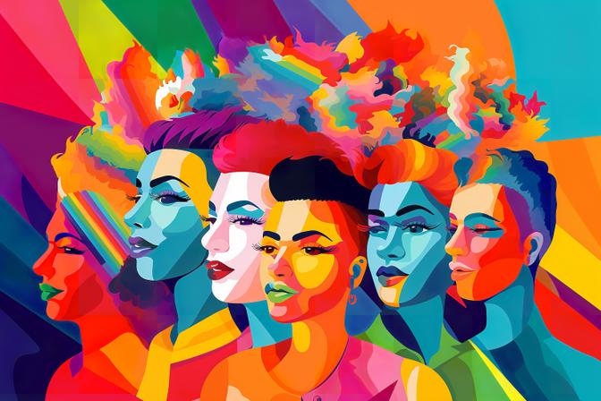 Pop-Art-Illustration die den Pride Day und die LGBT-Community mit diversen Menschen darstellen