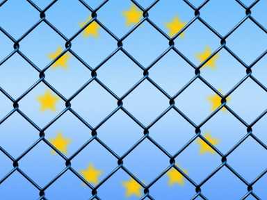 Illustration von einem Zaun vor der EU Flagge