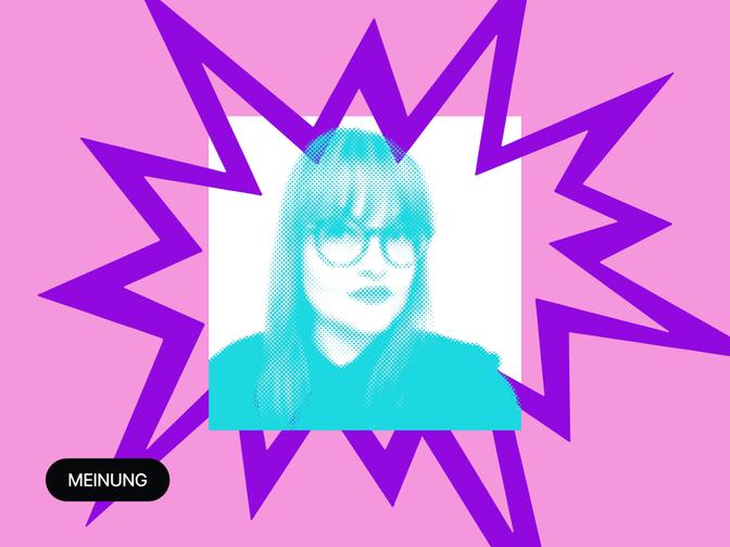 Ein Foto von Beatrice Frasl, eingefasst in einen magentafarbenen Zickzackrahmen.