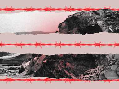 Roter Stacheldraht überlagert zerrissene Schwarz-Weiß-Bilder von zerklüfteten Felsklippen und schafft so einen starken visuellen Kontrast.