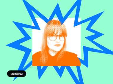 Ein Foto von Beatrice Frasl, eingefasst in einen blauen Zickzackrahmen.