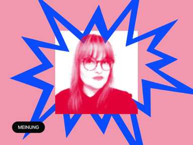 Ein Foto von Beatrice Frasl, eingefasst in einen blauen Zickzackrahmen.