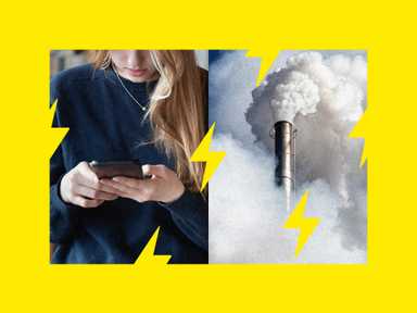 Eine Collage bestehend aus einer Handynutzerin und einem Fabrikschlot.